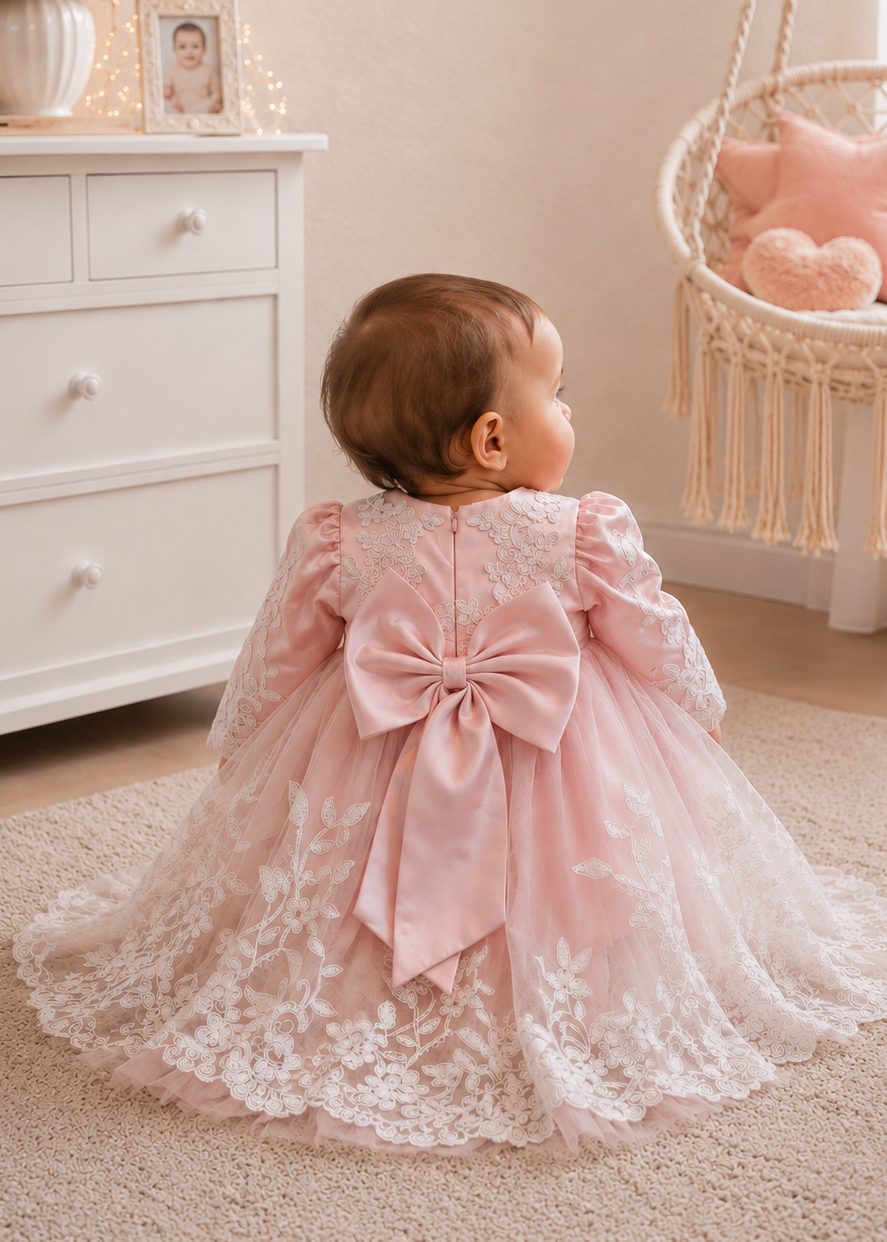 Baby Girl Full Sleeve Pink Dress With Sweep Train