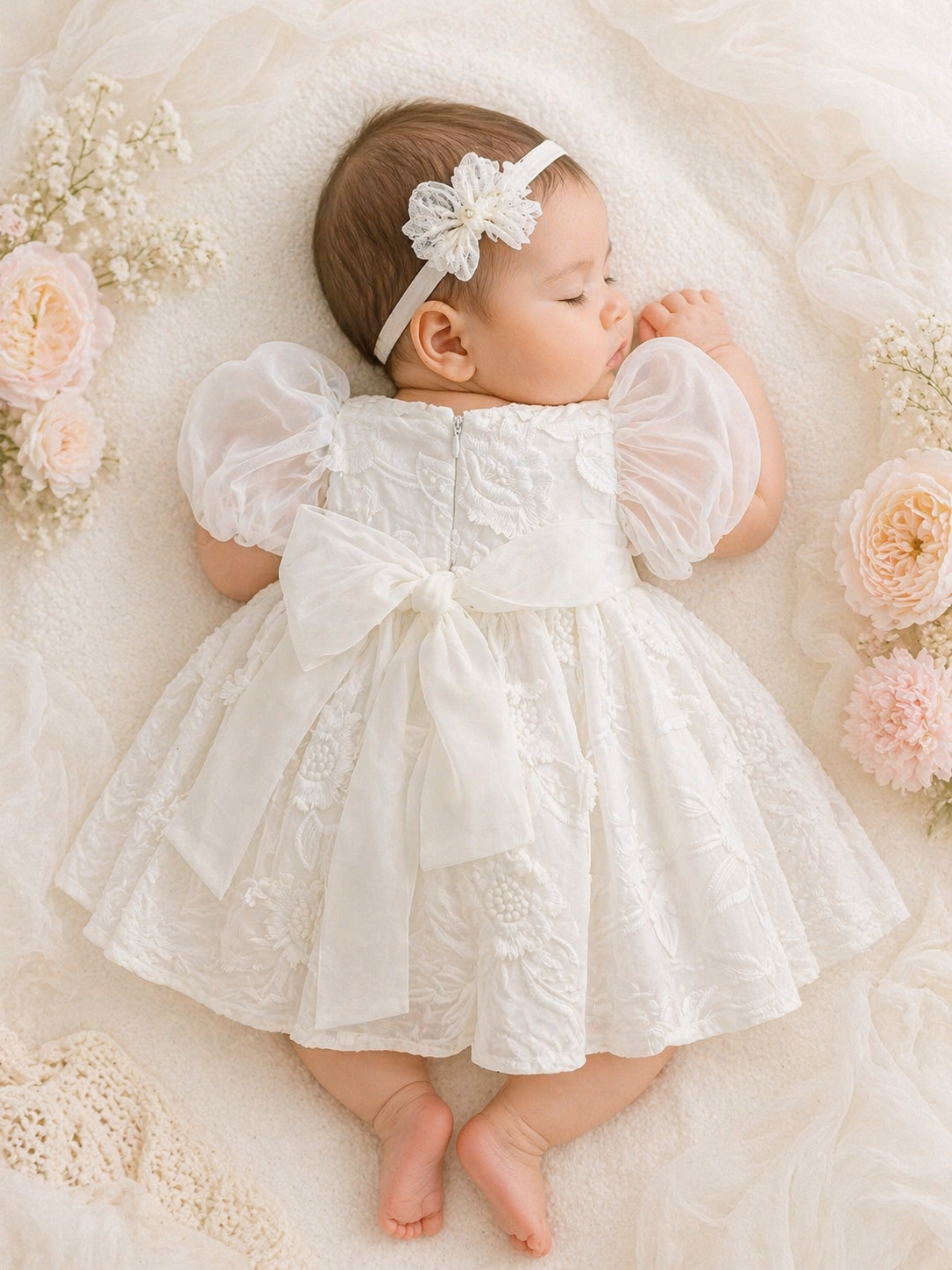 Baby Girl Puffy Sleeve Lace Romper Dress