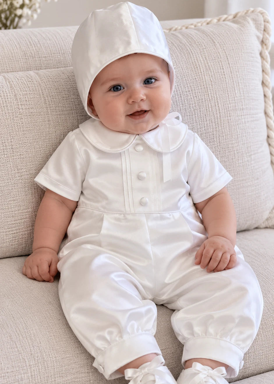 Baby Boy Christening Outfit-Satin Romper Set
