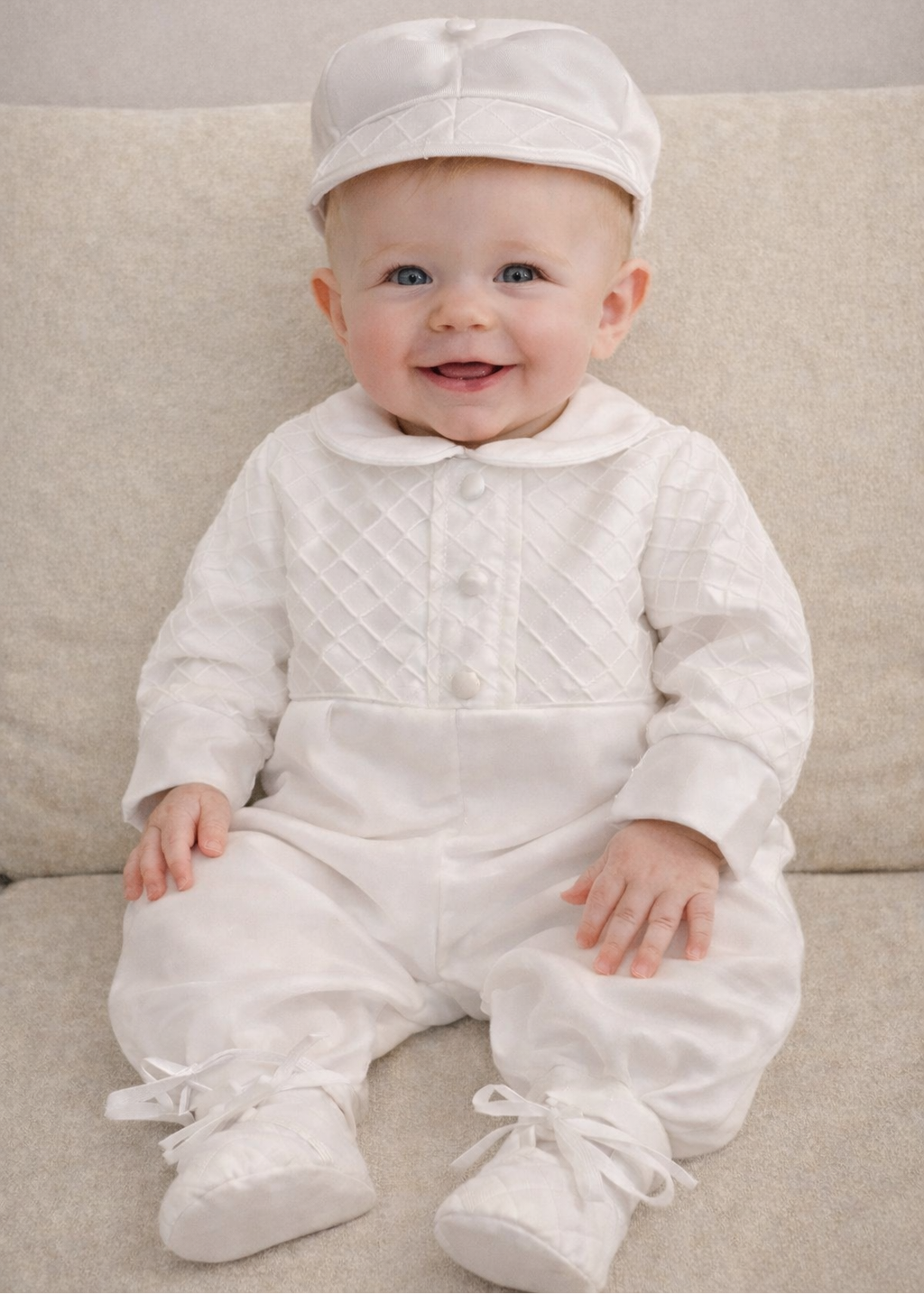 Baby Boy Christening Outfit  -  Long Sleeve Mikado Romper Set
