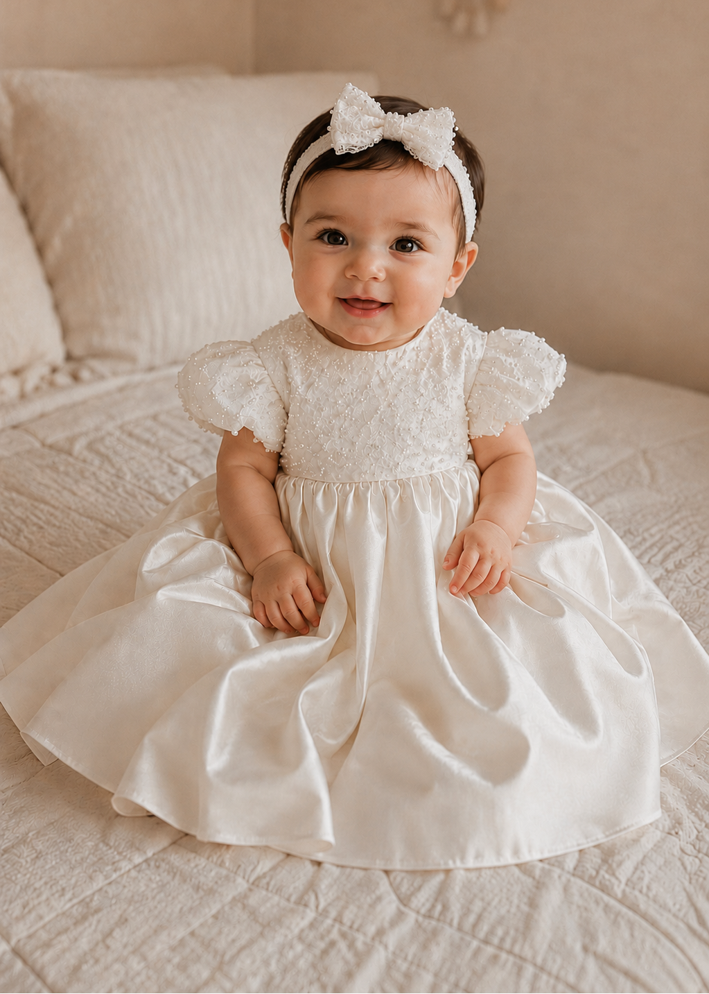 Baby Girl Baptism Dress-Beaded Lace With Mikado