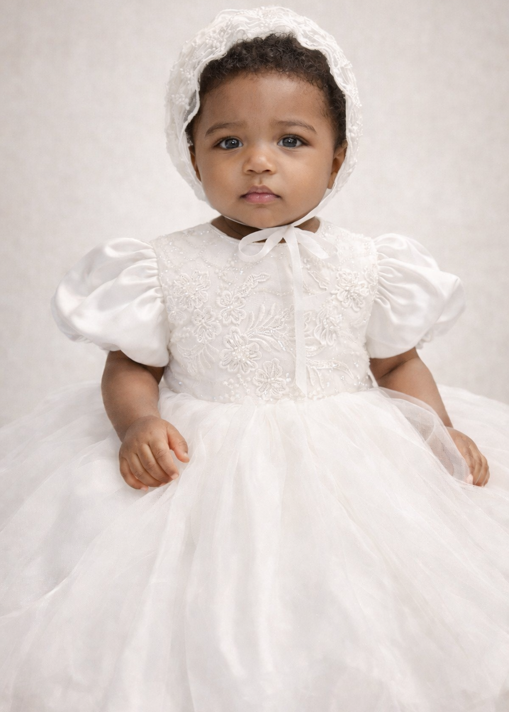 Baby Girl Christening Gown Set - Beaded Lace With Tulle Skirt