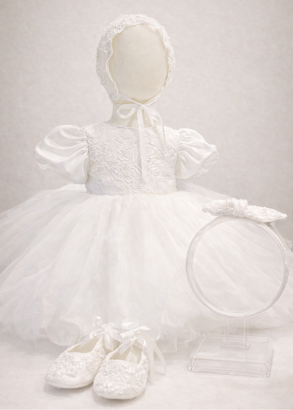 Baby Girl Christening Gown Set - Beaded Lace With Tulle Skirt