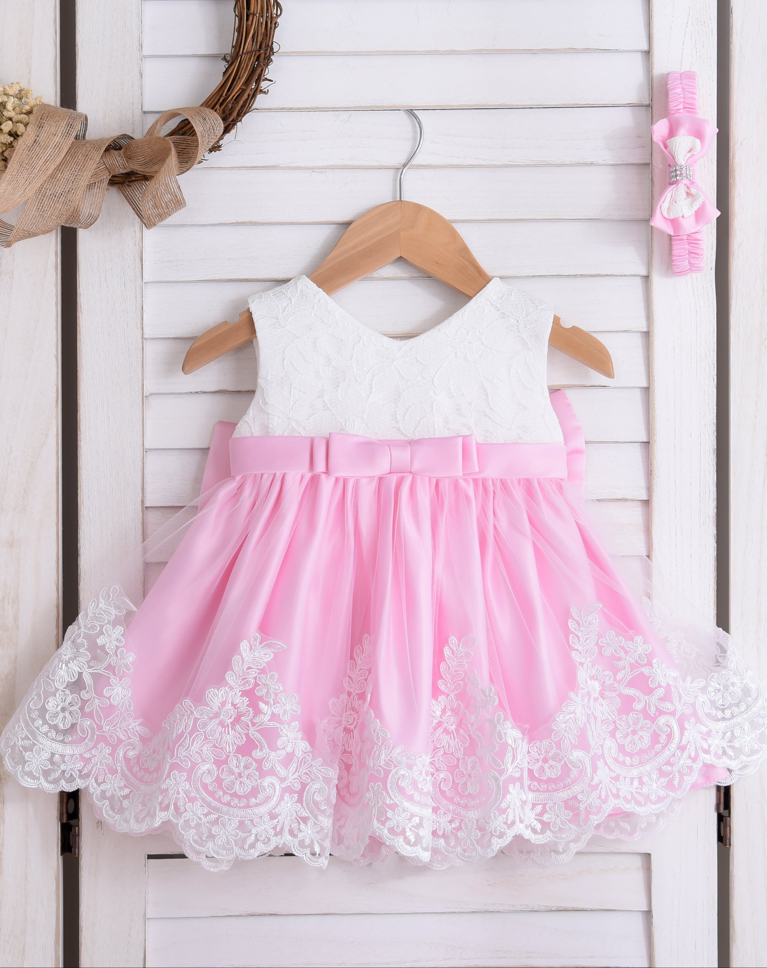 Baby Girl Lace Dress With Headpiece - Pink Dress