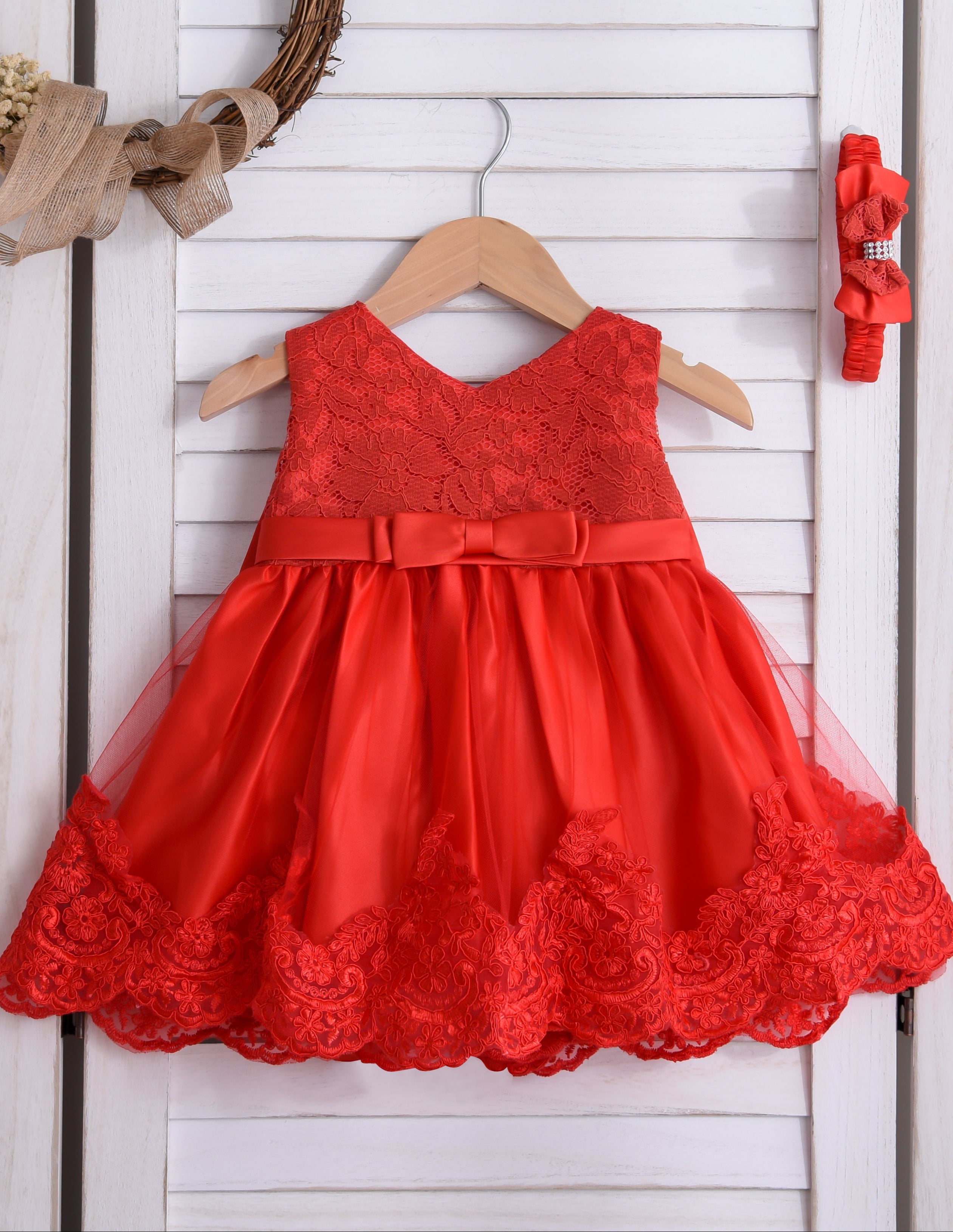 Baby Girl Lace Dress With Headpiece - Red Dress