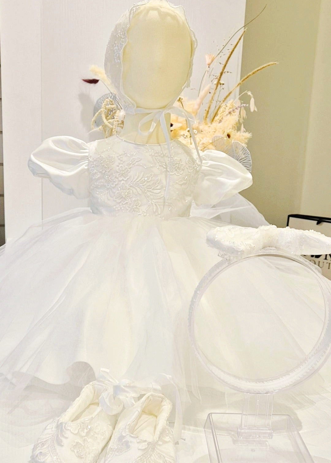 Baby Girl Pearled Lace With Tulle Skirt Christening Gown Set