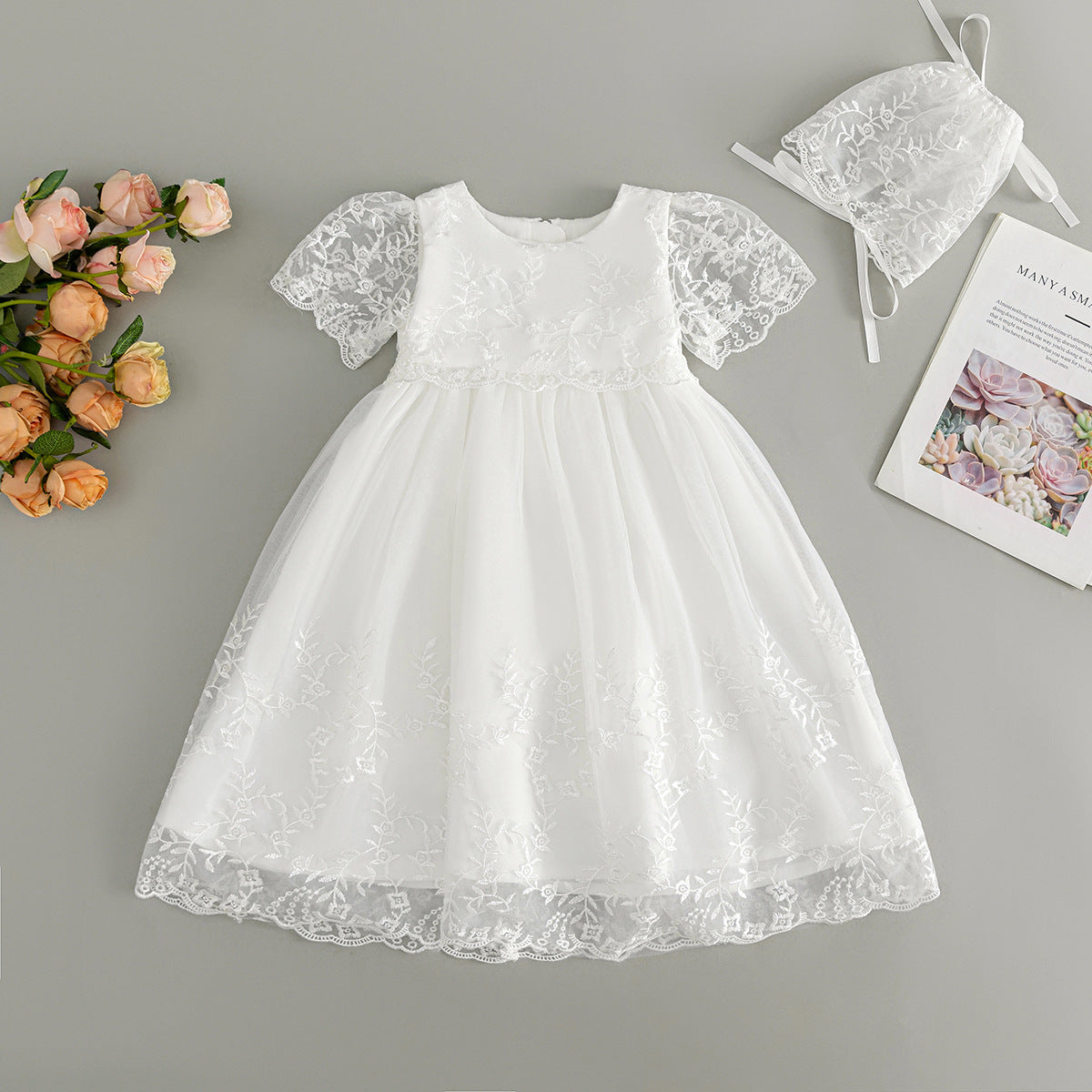 Baby Girl Christening Gown With Bonnet -Short Sleeves