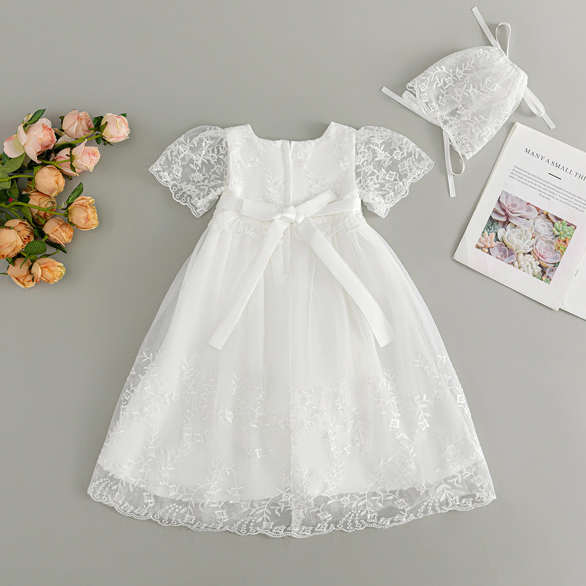 Baby Girl Christening Gown With Bonnet -Short Sleeves