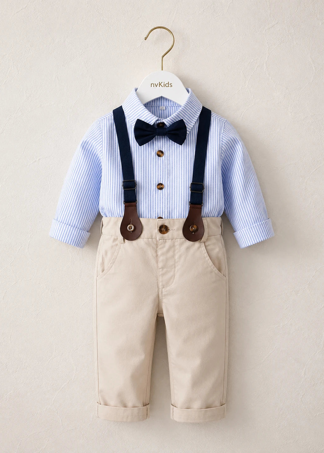 Little Boys Blue Shirt Beige Pants Set