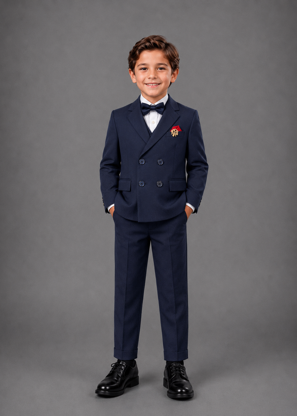 A young boy modeling a navy blue double-breasted suit with a matching navy bow tie, white dress shirt.