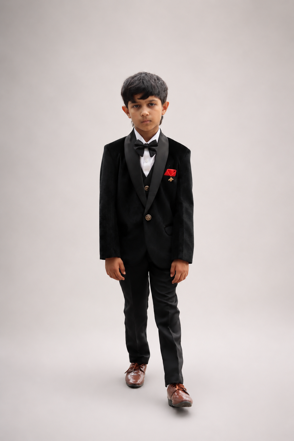 Boys Page Boy Black Tuxedo 5Pc Set - Velvet Suit