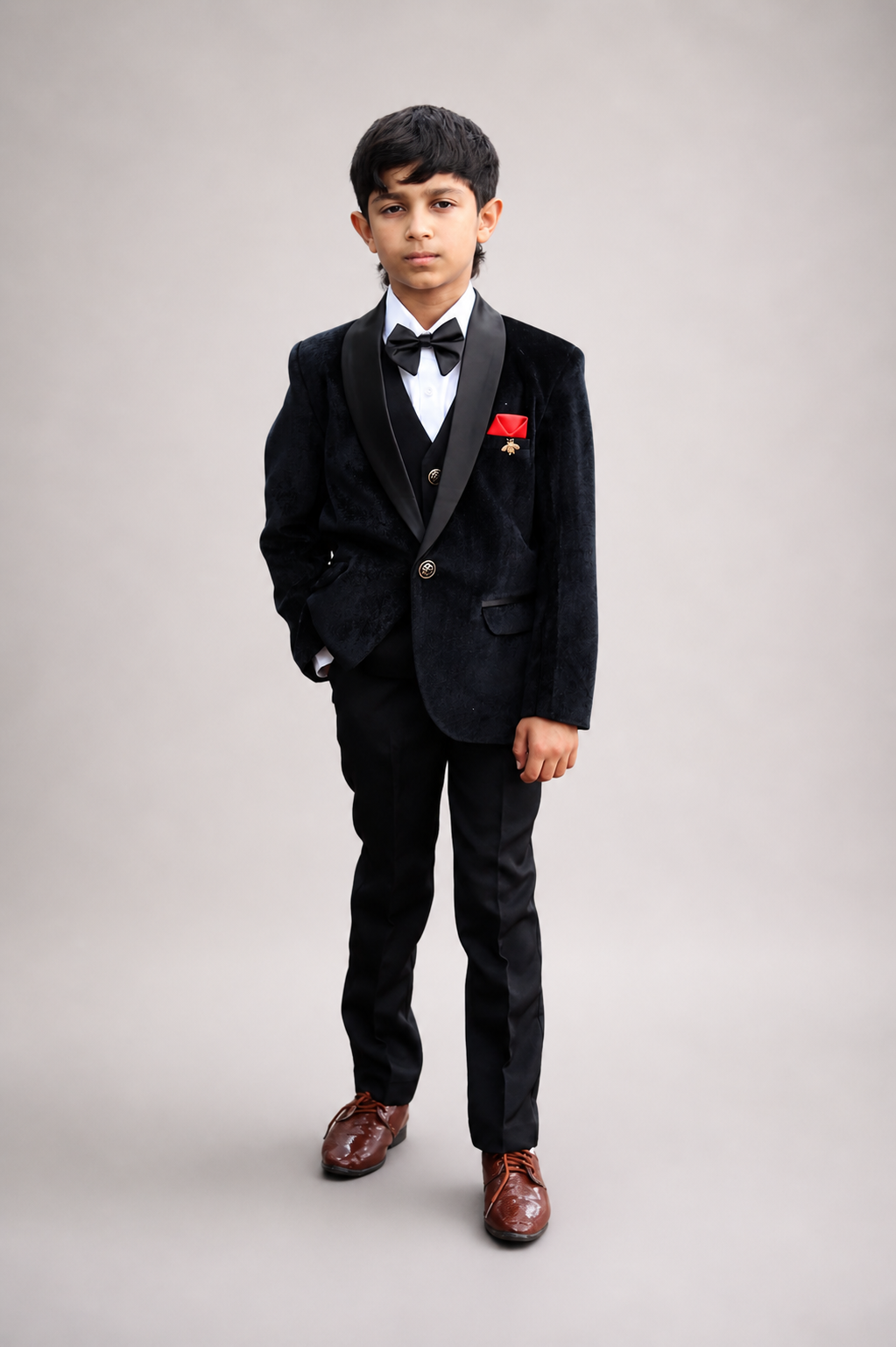 Boys Page Boy Black Tuxedo 5Pc Set - Velvet Suit