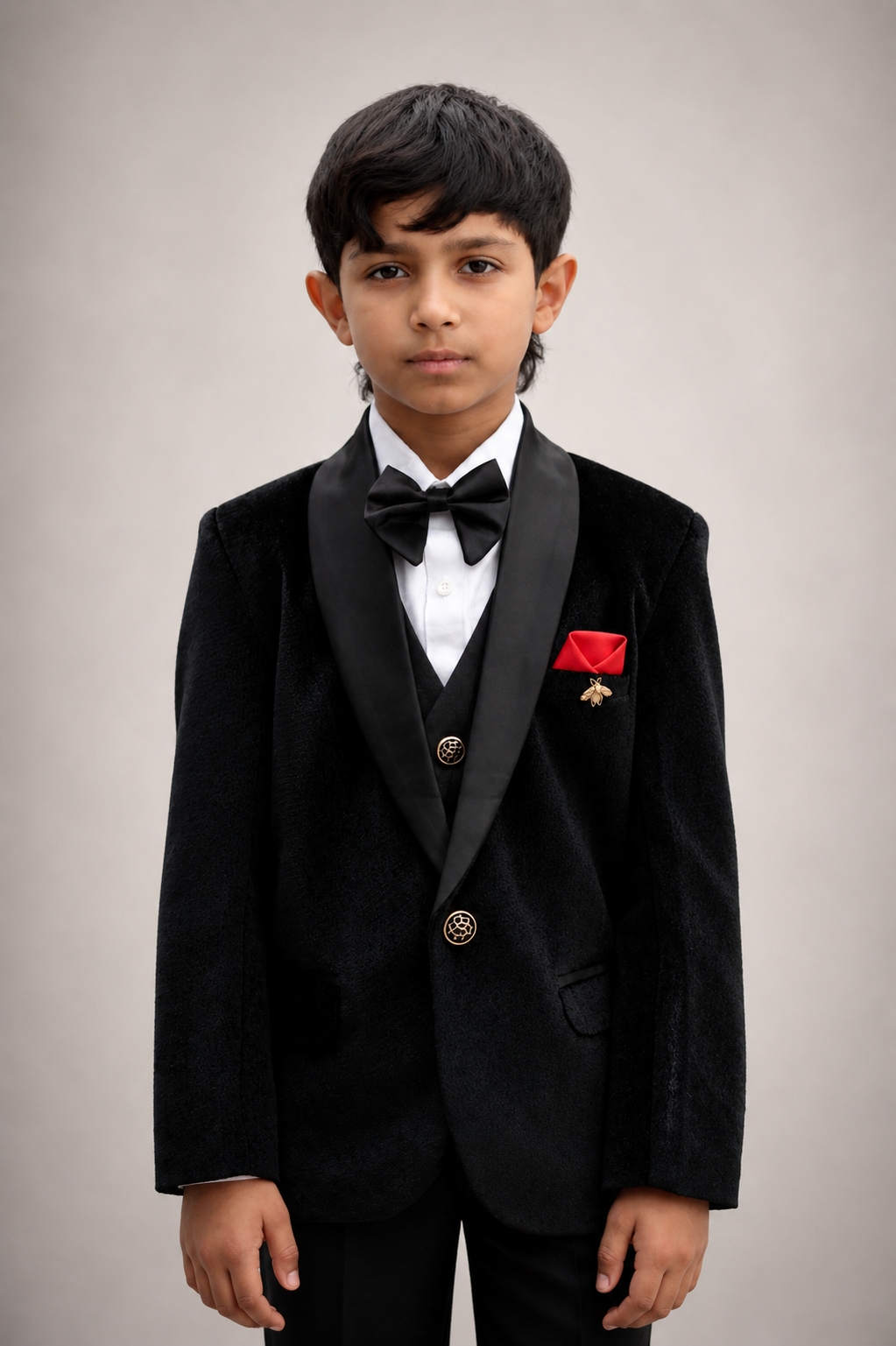 Boys Page Boy Black Tuxedo 5Pc Set - Velvet Suit