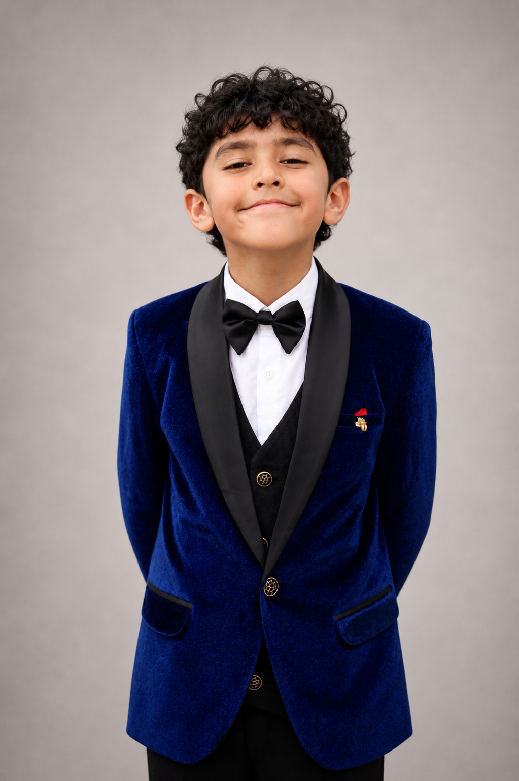 Boys Page Boy Blue Tuxedo 5Pc Set - Velvet Suit