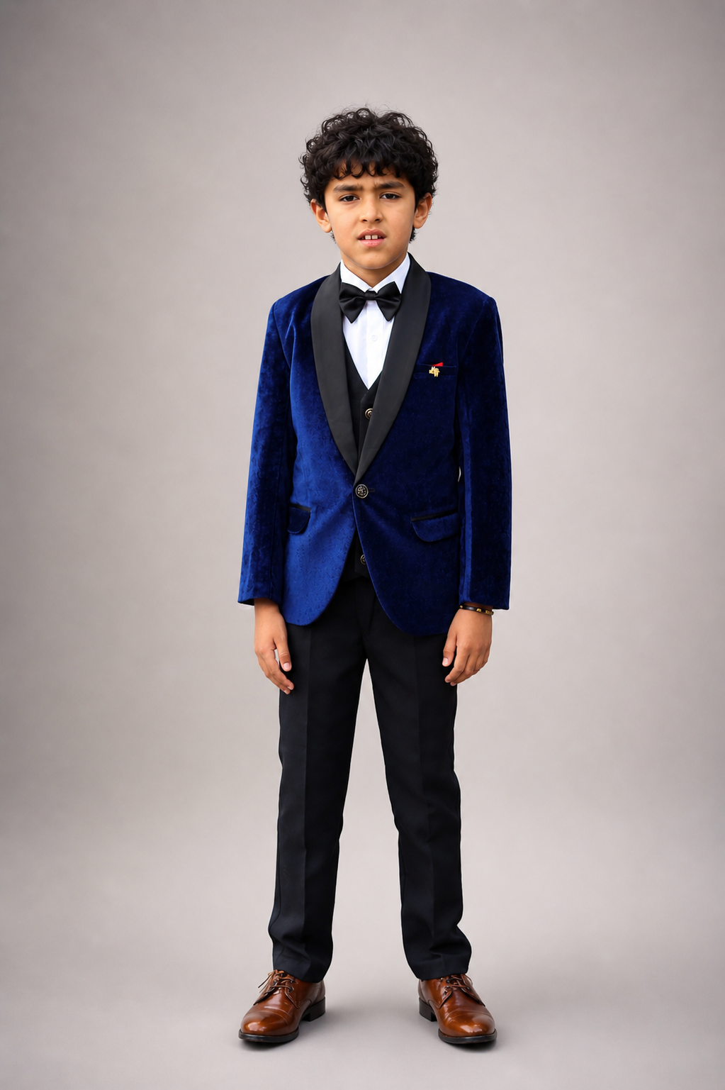 Boys Page Boy Blue Tuxedo 5Pc Set - Velvet Suit