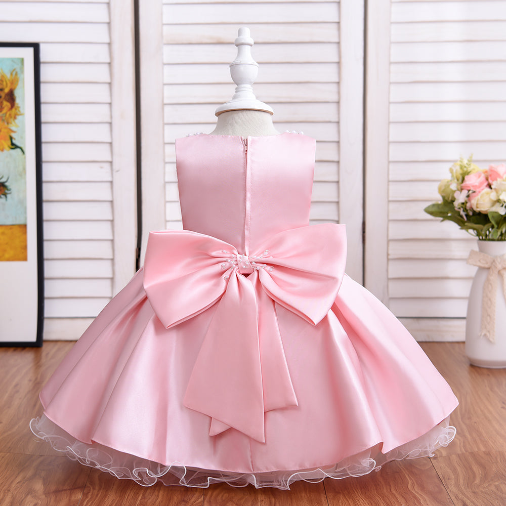 Little Girl Peachy Pink Dress With Headband - Pearled Neck and Bow