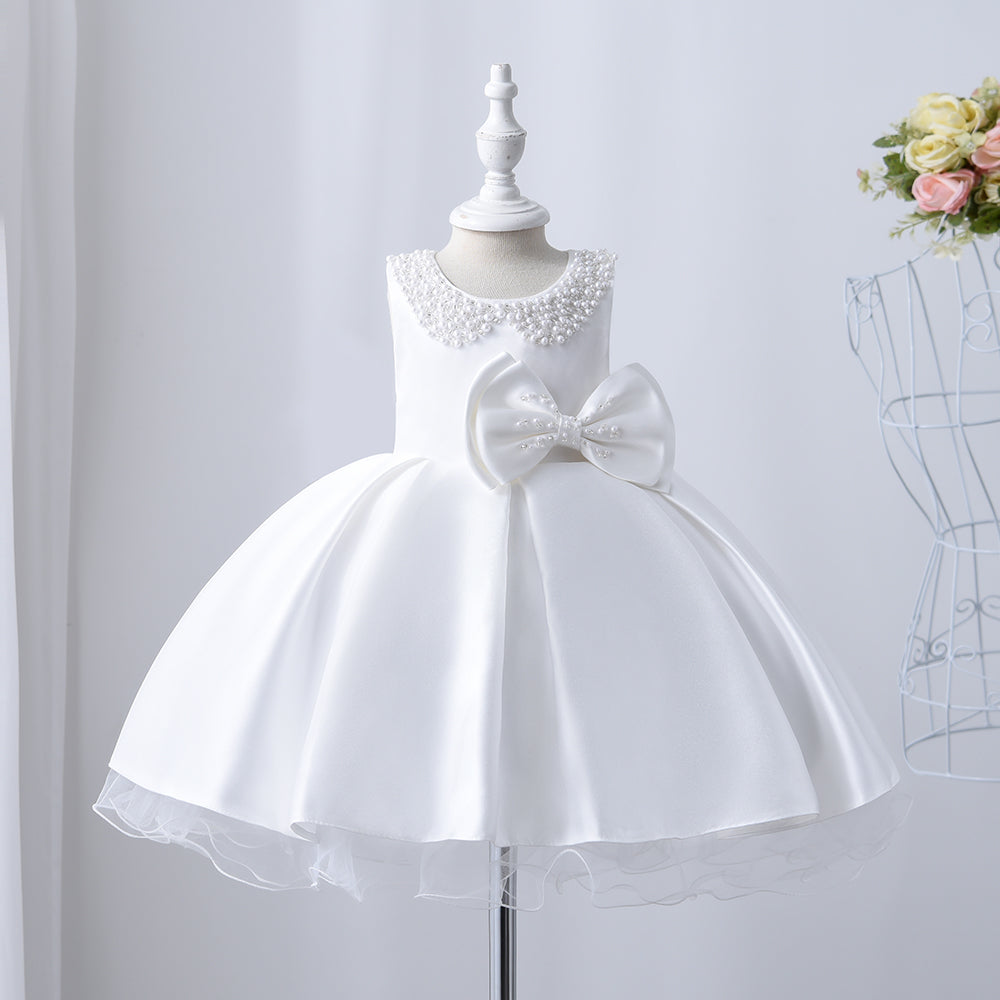 Baby Girl Christening Dress With Headband - Pearled Neck and Bow