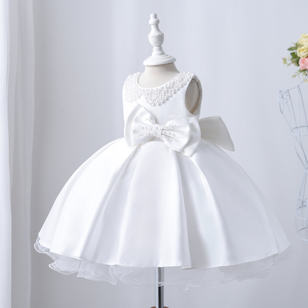 Baby Girl Christening Dress With Headband - Pearled Neck and Bow