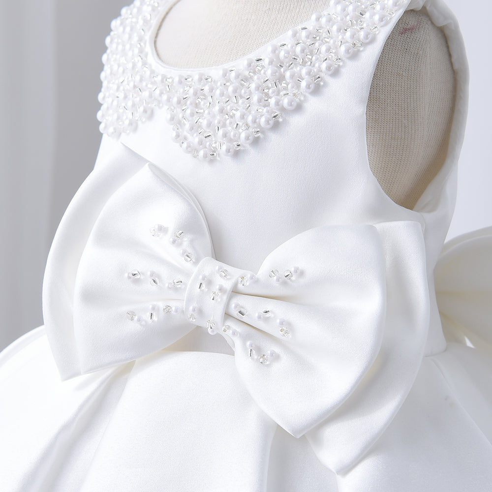 Baby Girl Christening Dress With Headband - Pearled Neck and Bow