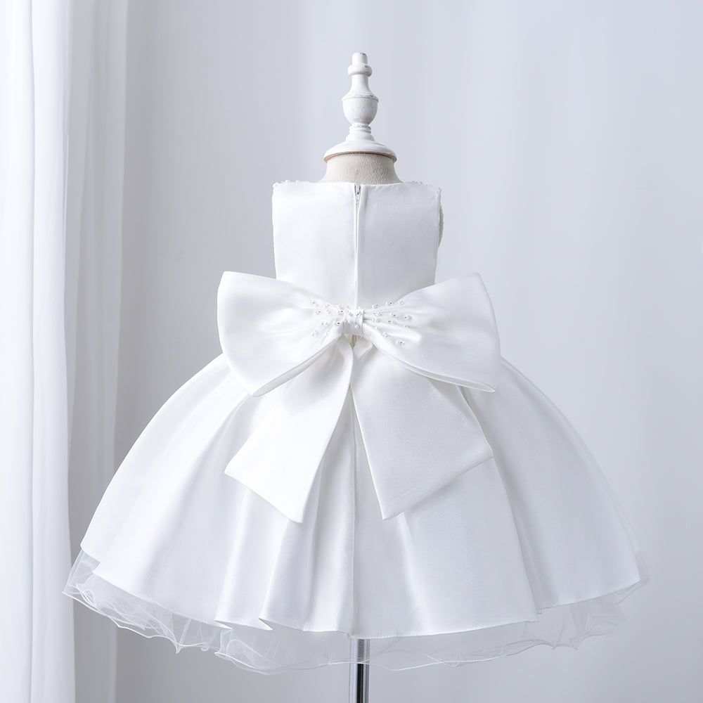 Baby Girl Christening Dress With Headband - Pearled Neck and Bow