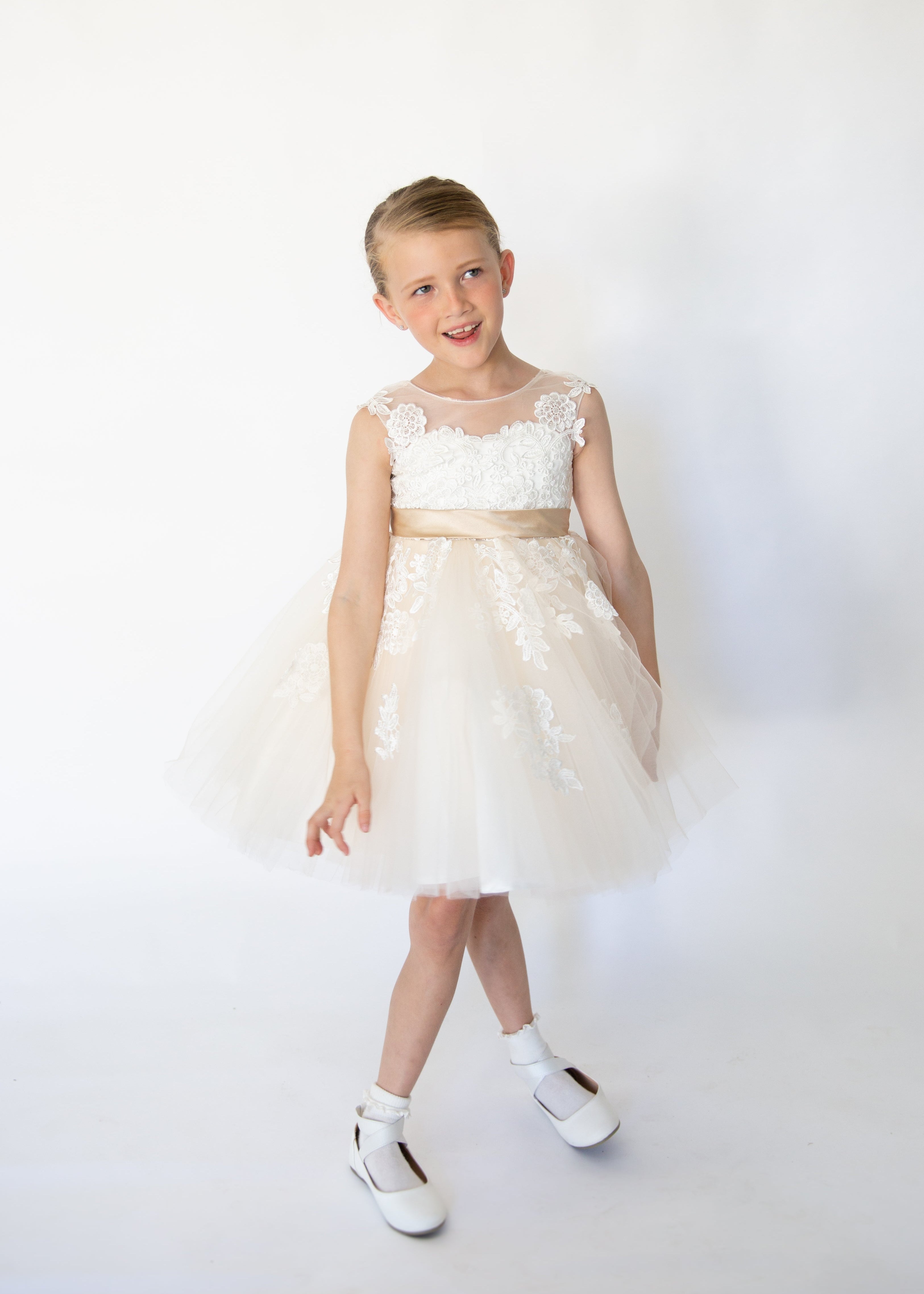 Champagne Flower Girl Dress With Lace appliques