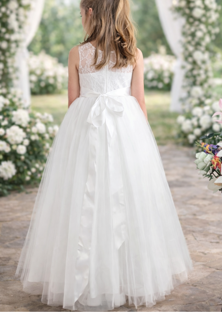 Girls Lace Tulle Flower Girl Dress - Full Length Dress