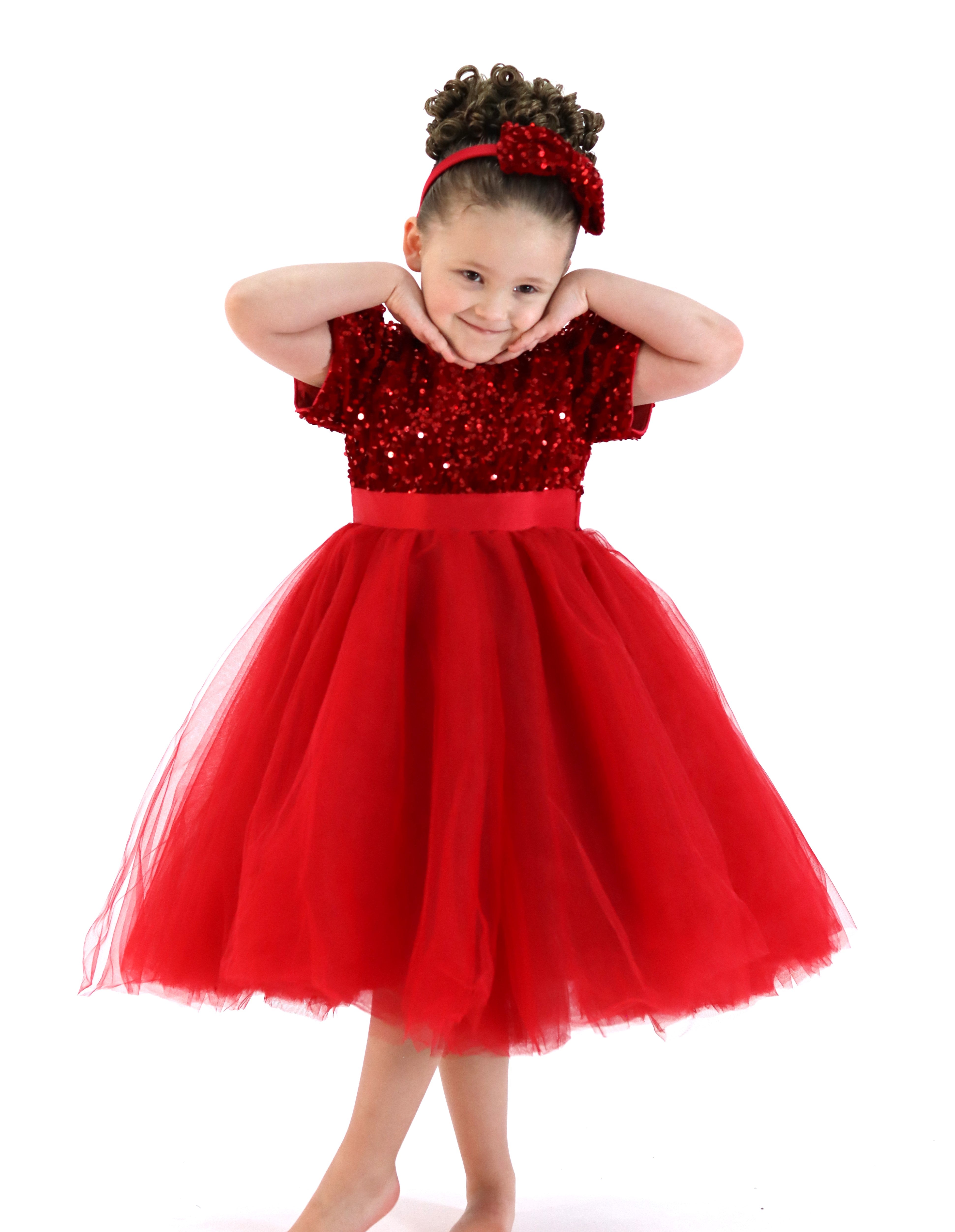 Little Girls Puffy Dress With Headband - Red Christmas Dress