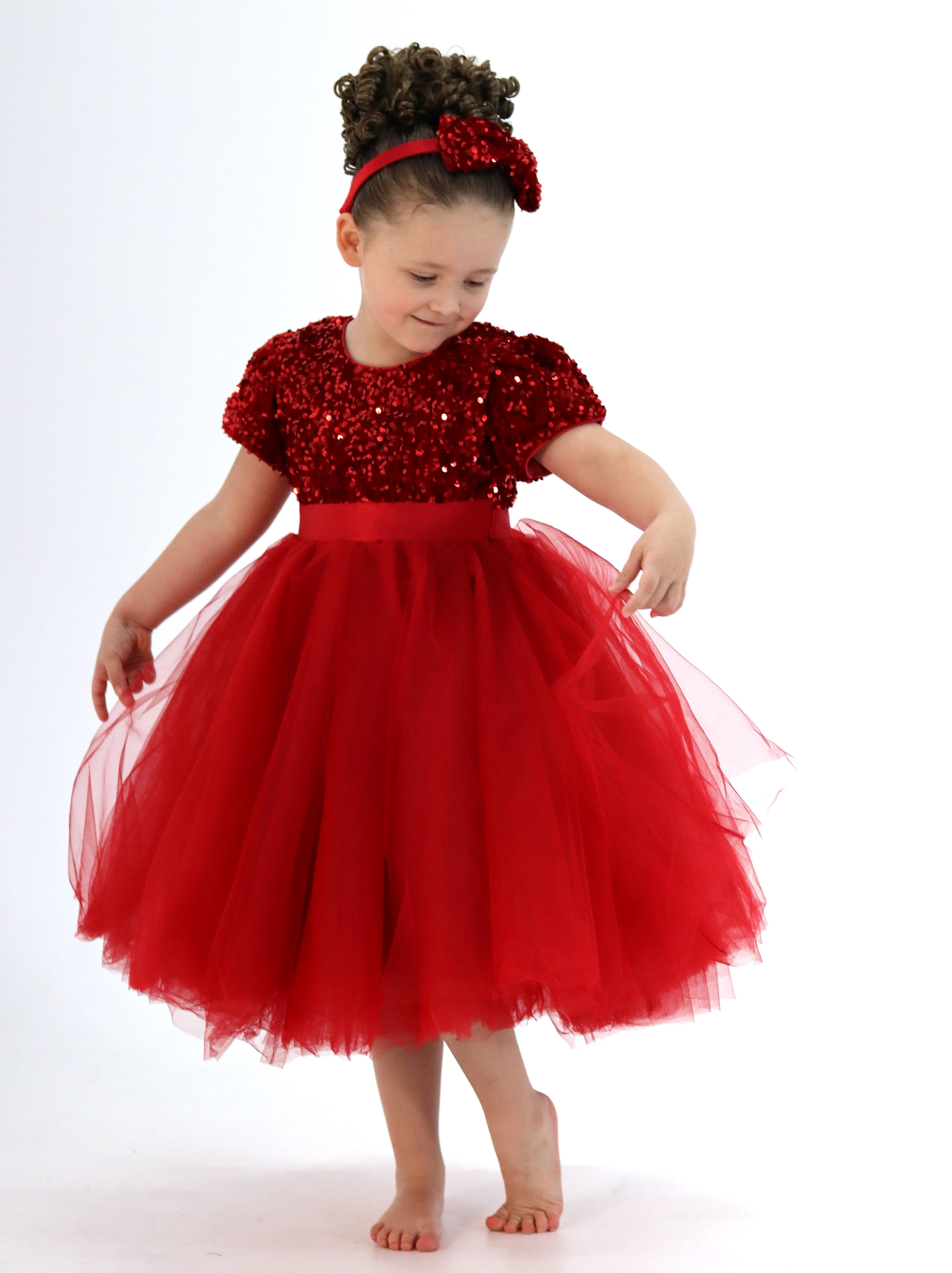 Little Girls Puffy Dress With Headband - Red Christmas Dress