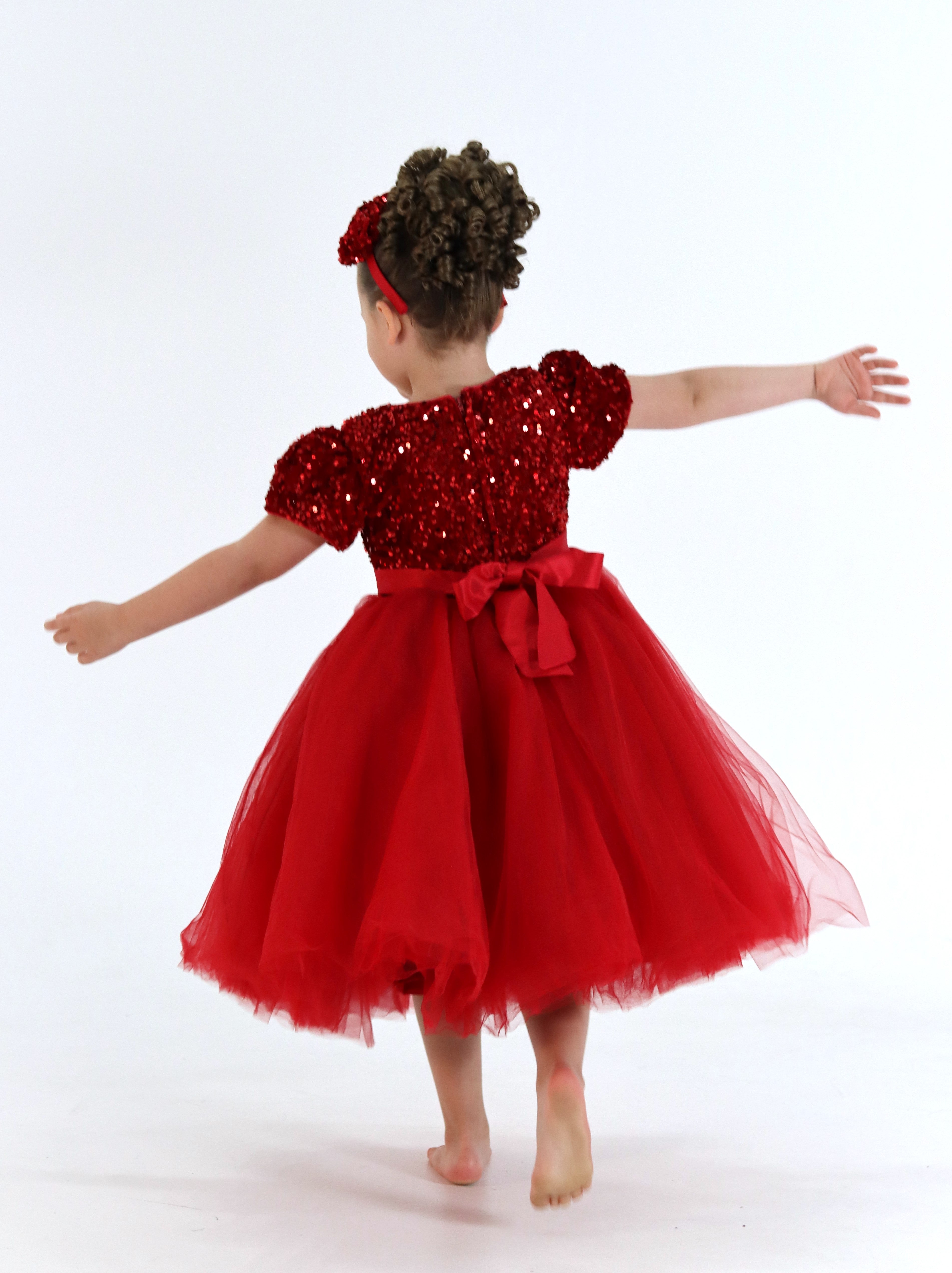 Little Girls Puffy Dress With Headband - Red Christmas Dress