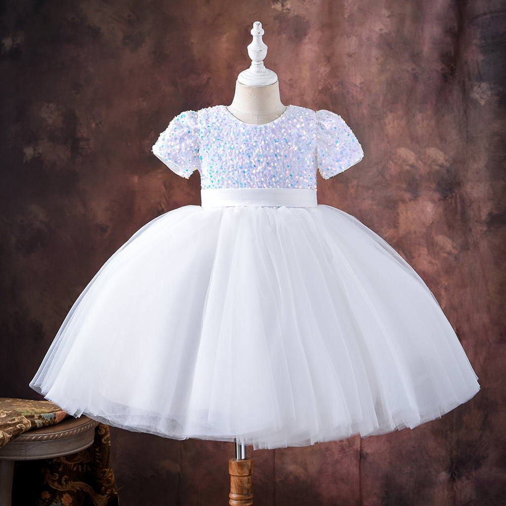 Heavy Flared Puffy White Soft Sequin Dress With Headband