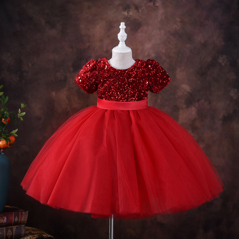 Little Girls Puffy Dress With Headband - Red Christmas Dress