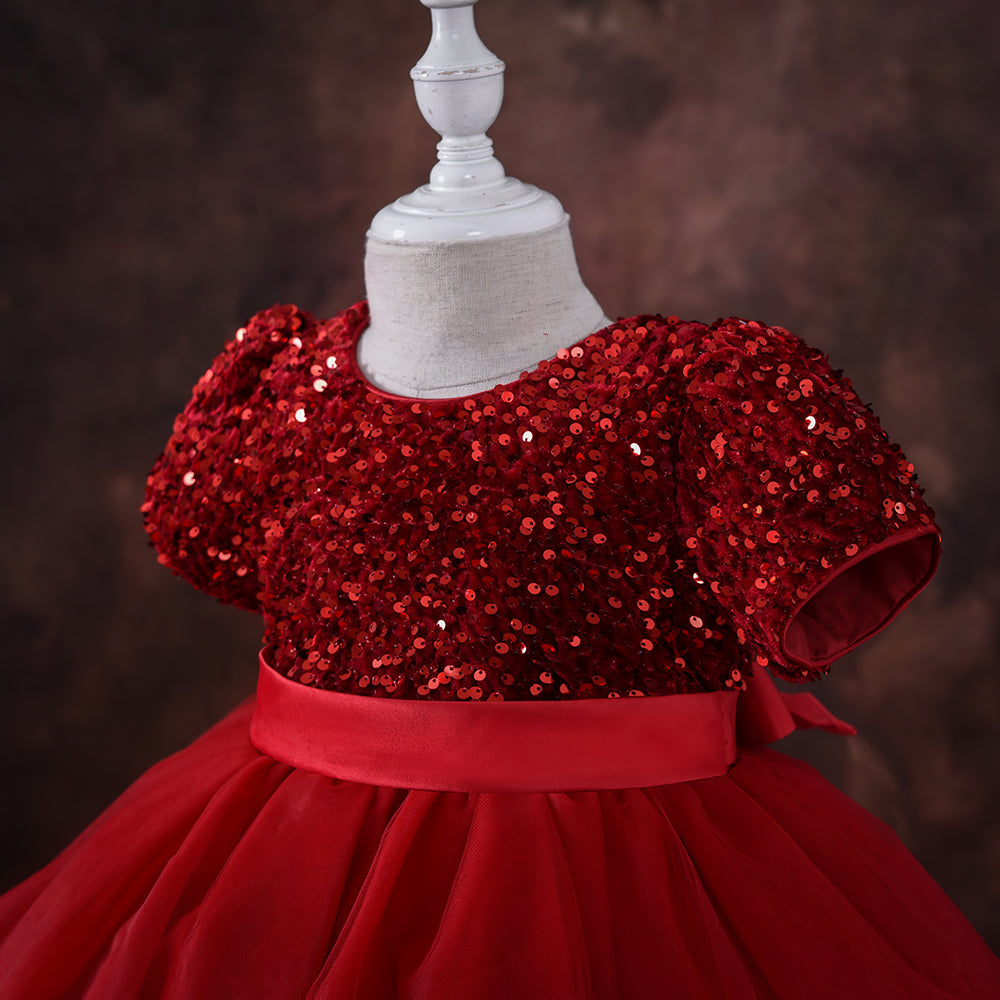 Little Girls Puffy Dress With Headband - Red Christmas Dress