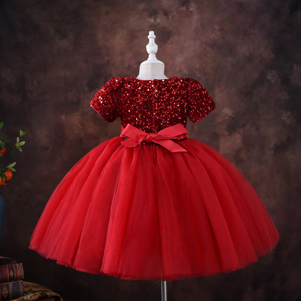 Little Girls Puffy Dress With Headband - Red Christmas Dress