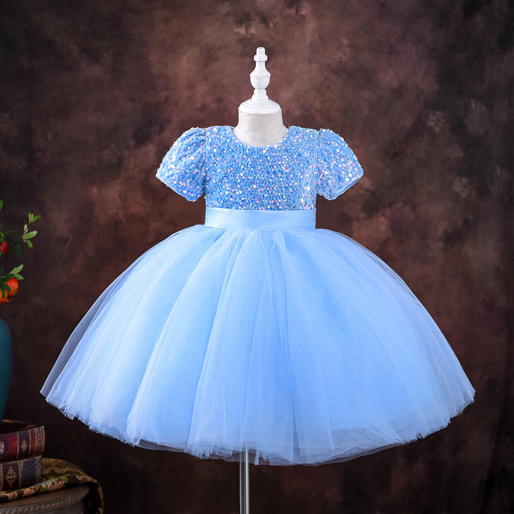 Heavy Flared Blue Dress With Headband - Soft Sequin Dress