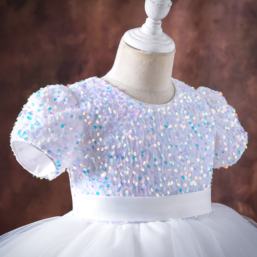 Heavy Flared Puffy White Soft Sequin Dress With Headband