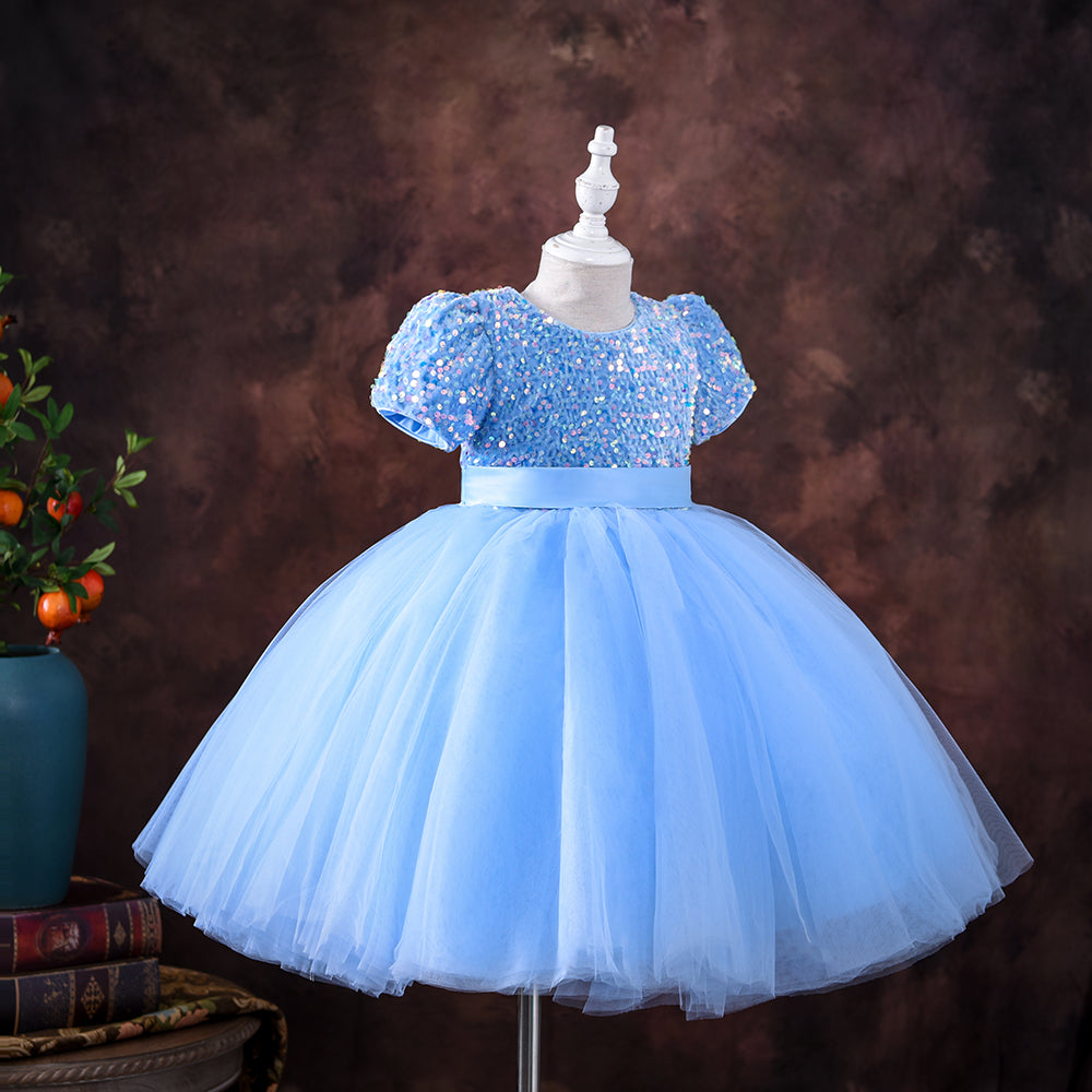 Heavy Flared Blue Dress With Headband - Soft Sequin Dress