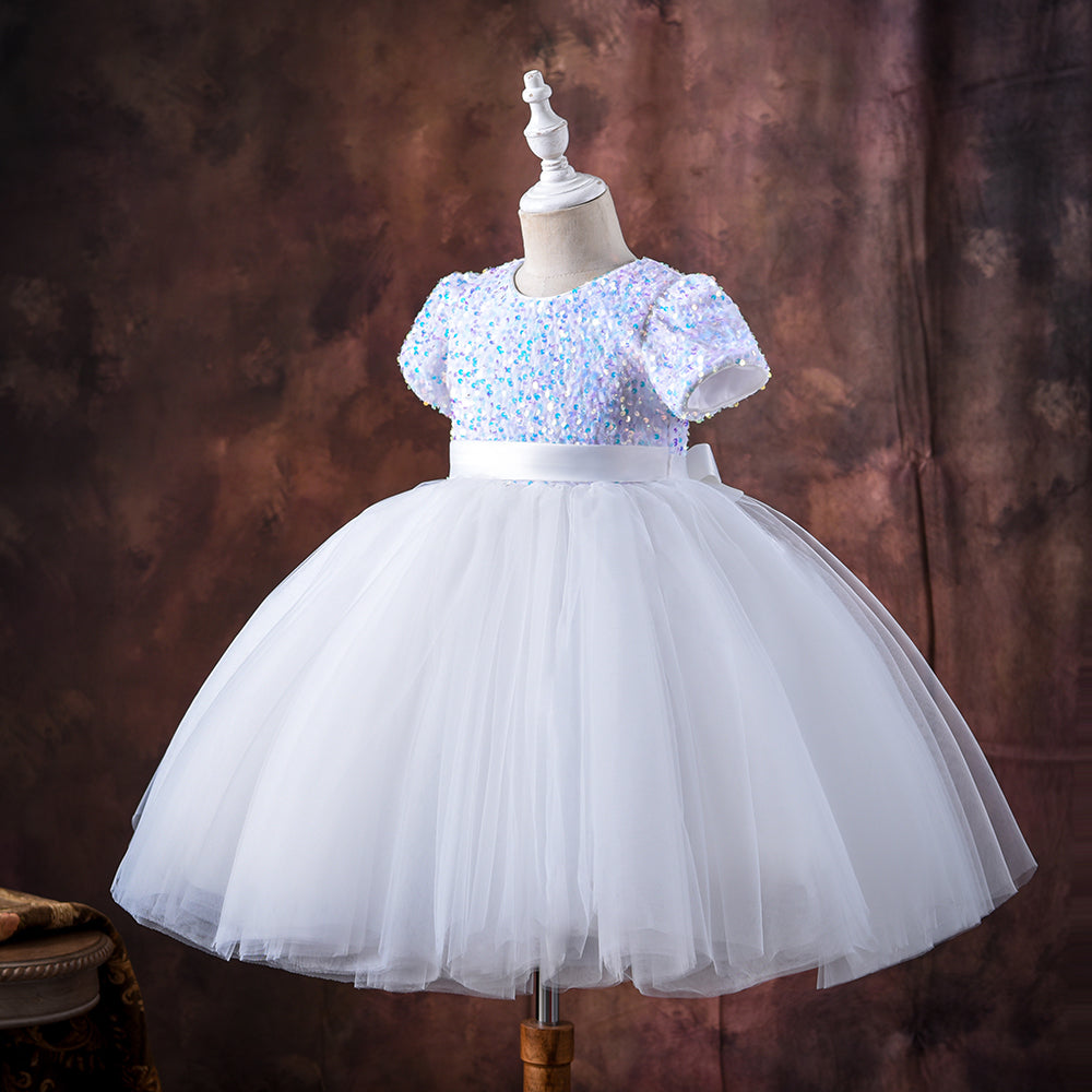 Heavy Flared Puffy White Soft Sequin Dress With Headband