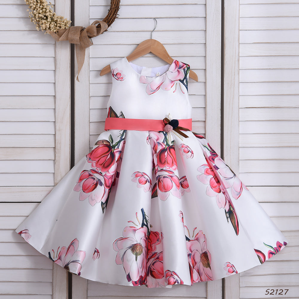 Girls Dress Waist Flower Decoration Flower Print Party Dresses White