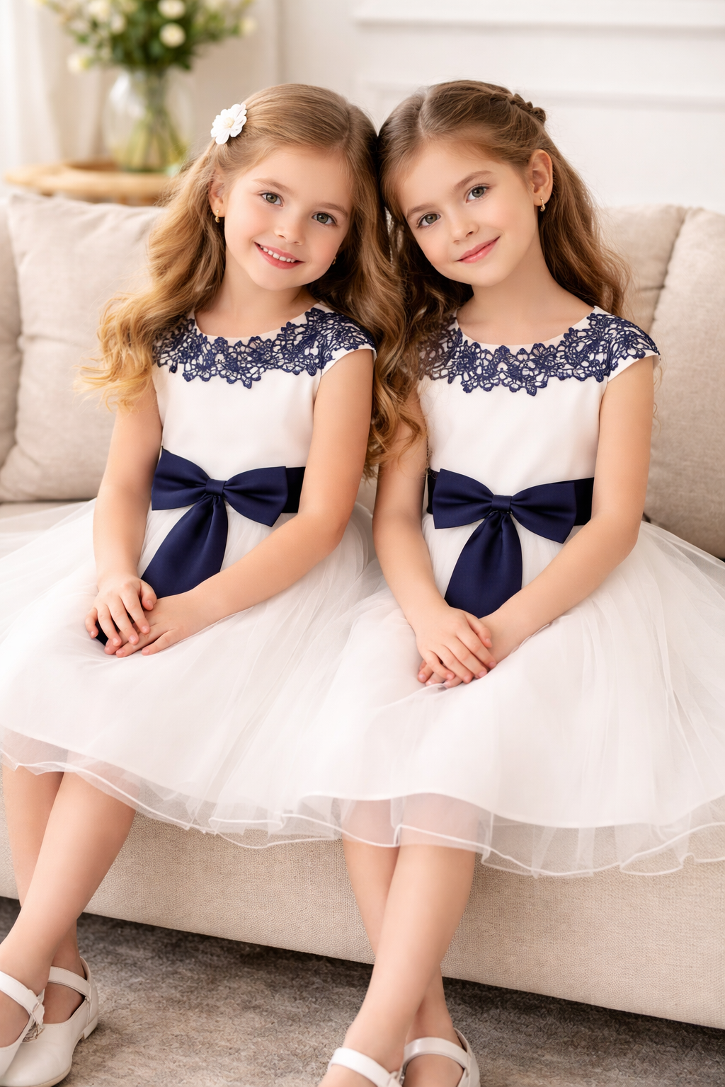 Flower Girl Dress - Ivory With Navy Lace
