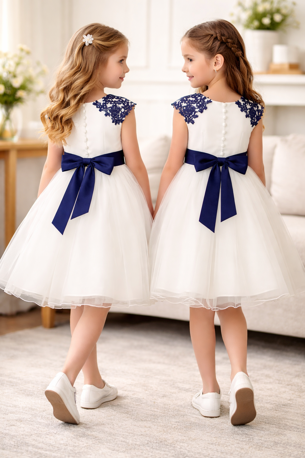 Flower Girl Dress - Ivory With Navy Lace