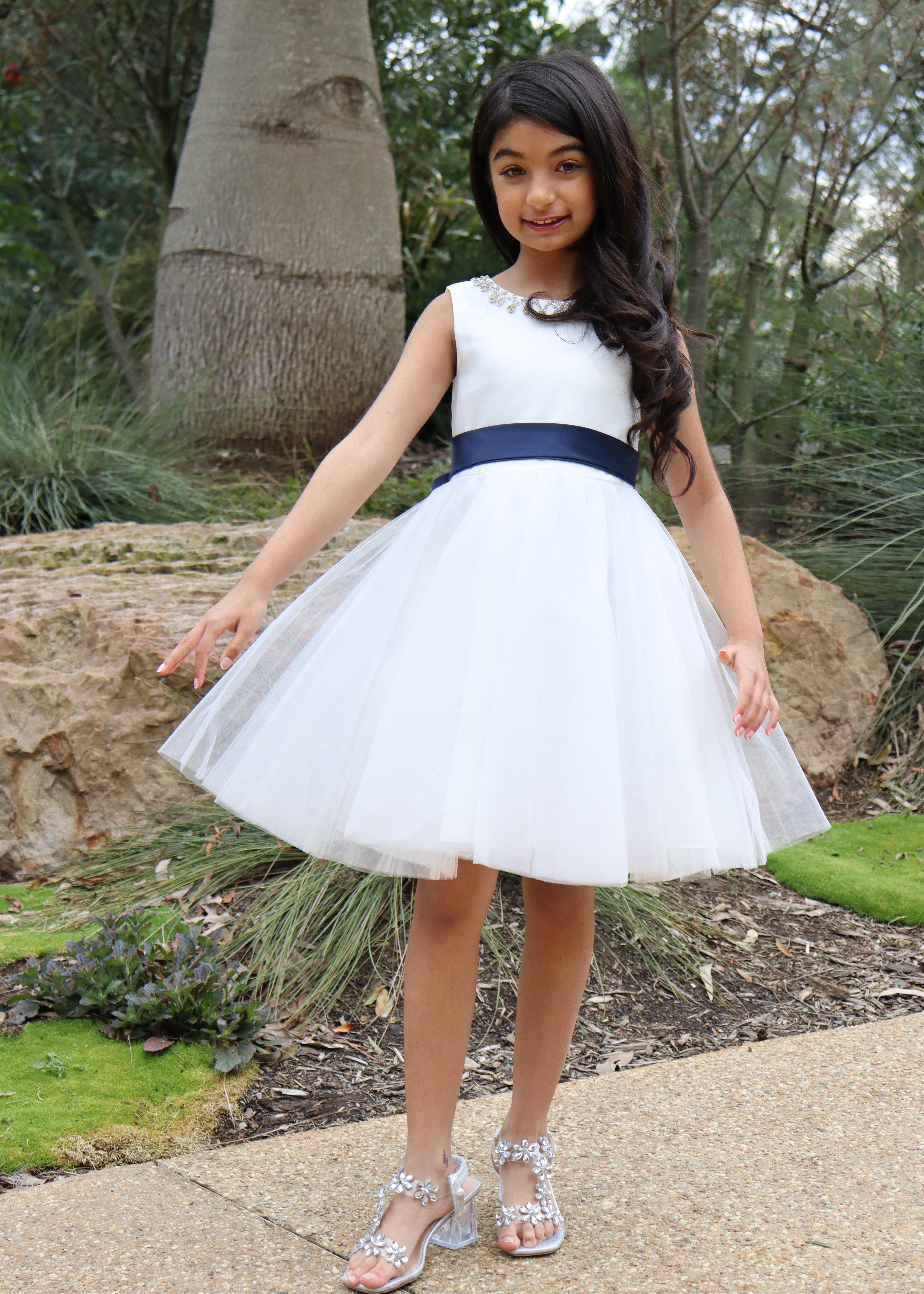 Short Flower Girl dress navy belt 
