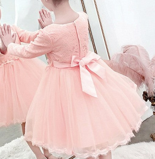 Autumn Long-Sleeved Flower Elegant Beaded Lace Formal Peachy Pink Dress