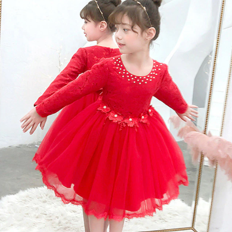 Autumn Long-Sleeved Flower Elegant Beaded Lace Formal Red Dress