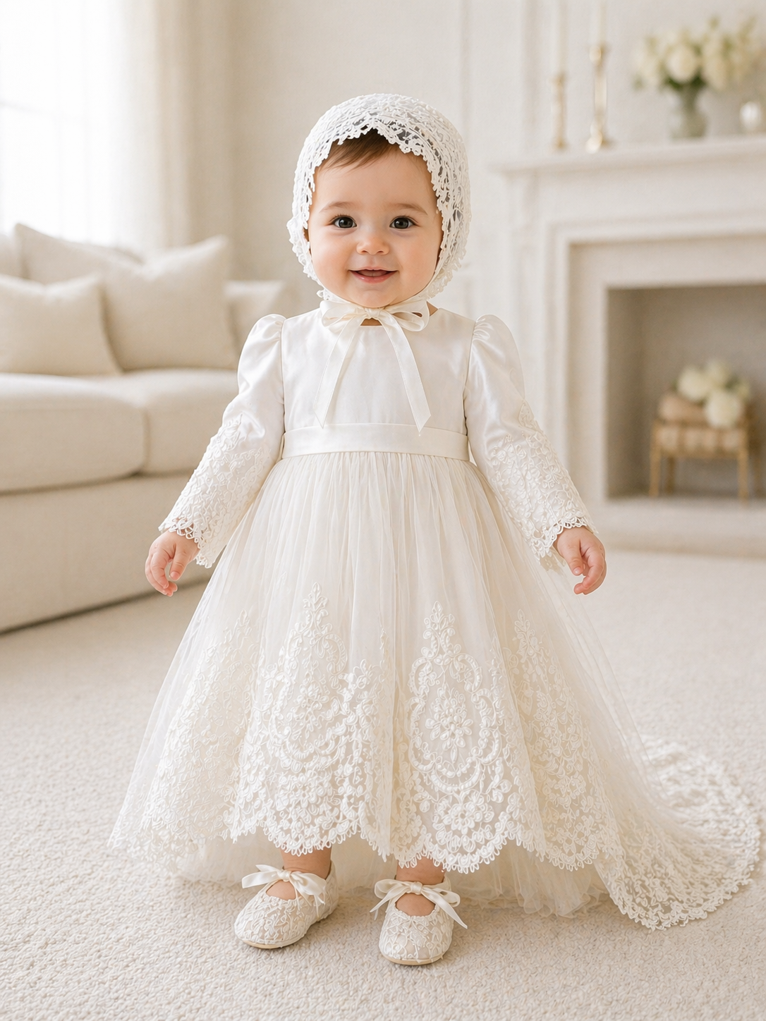 Full Sleeve Christening Dress With Sweep Train