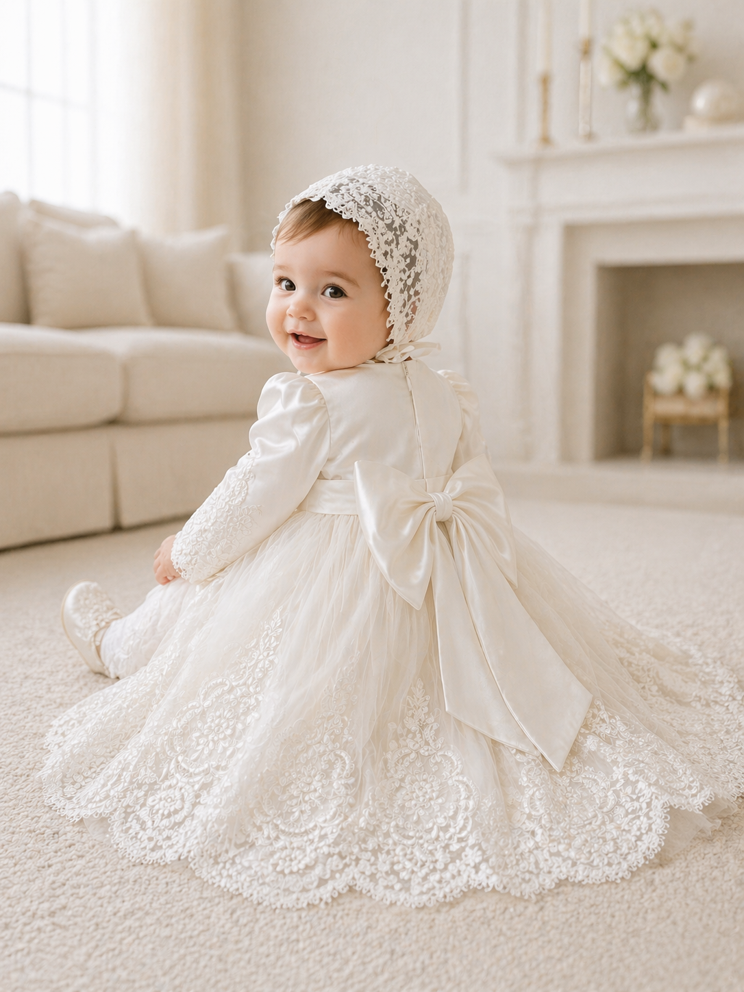 Full Sleeve Christening Dress With Sweep Train