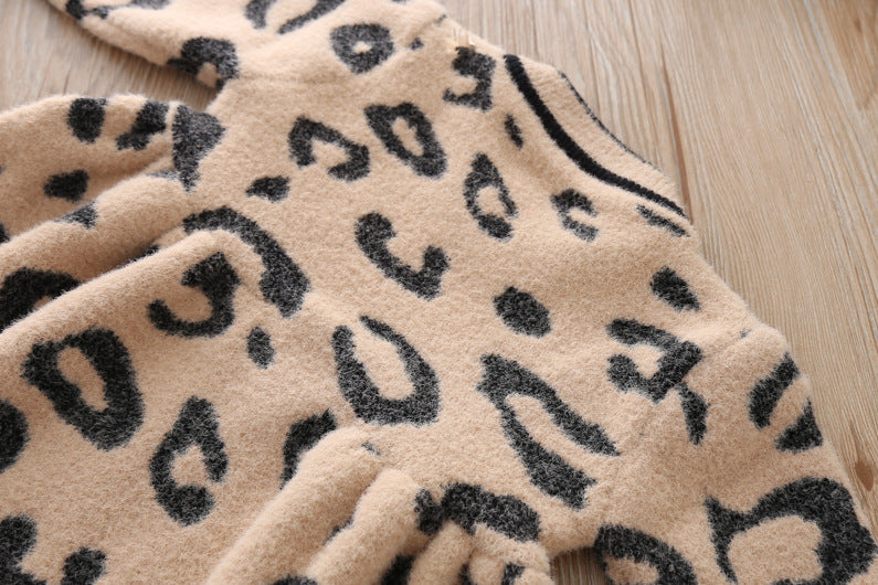 Baby Girl Flounced Solid Warm Leopard Brown Dress
