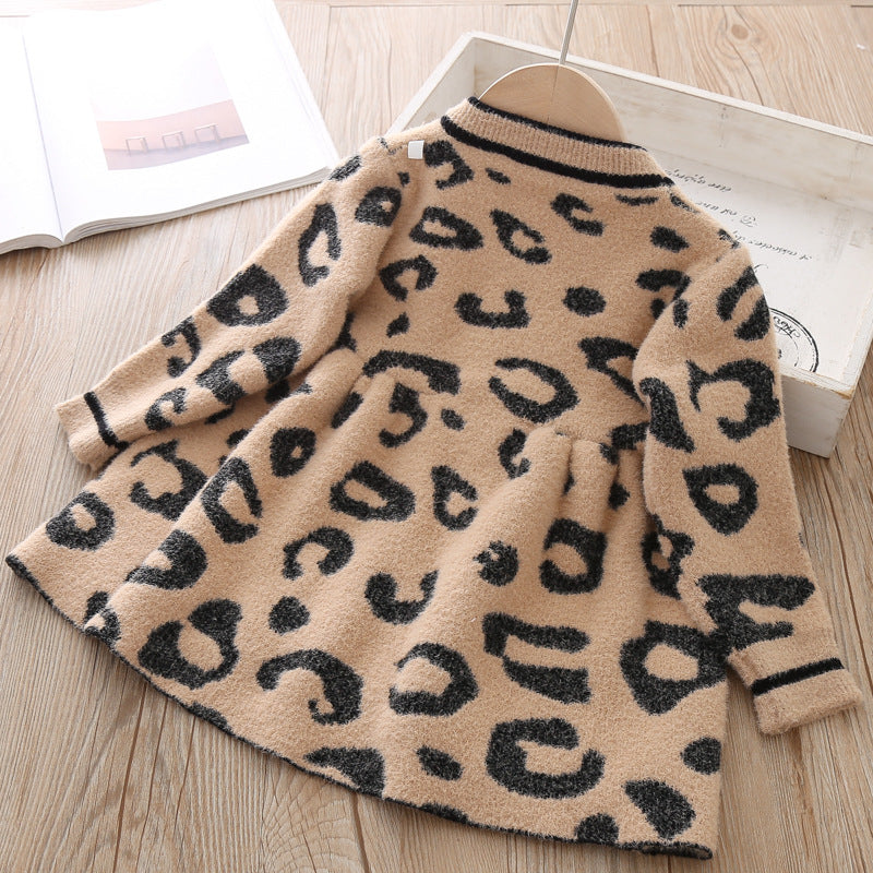 Baby Girl Flounced Solid Warm Leopard Brown Dress