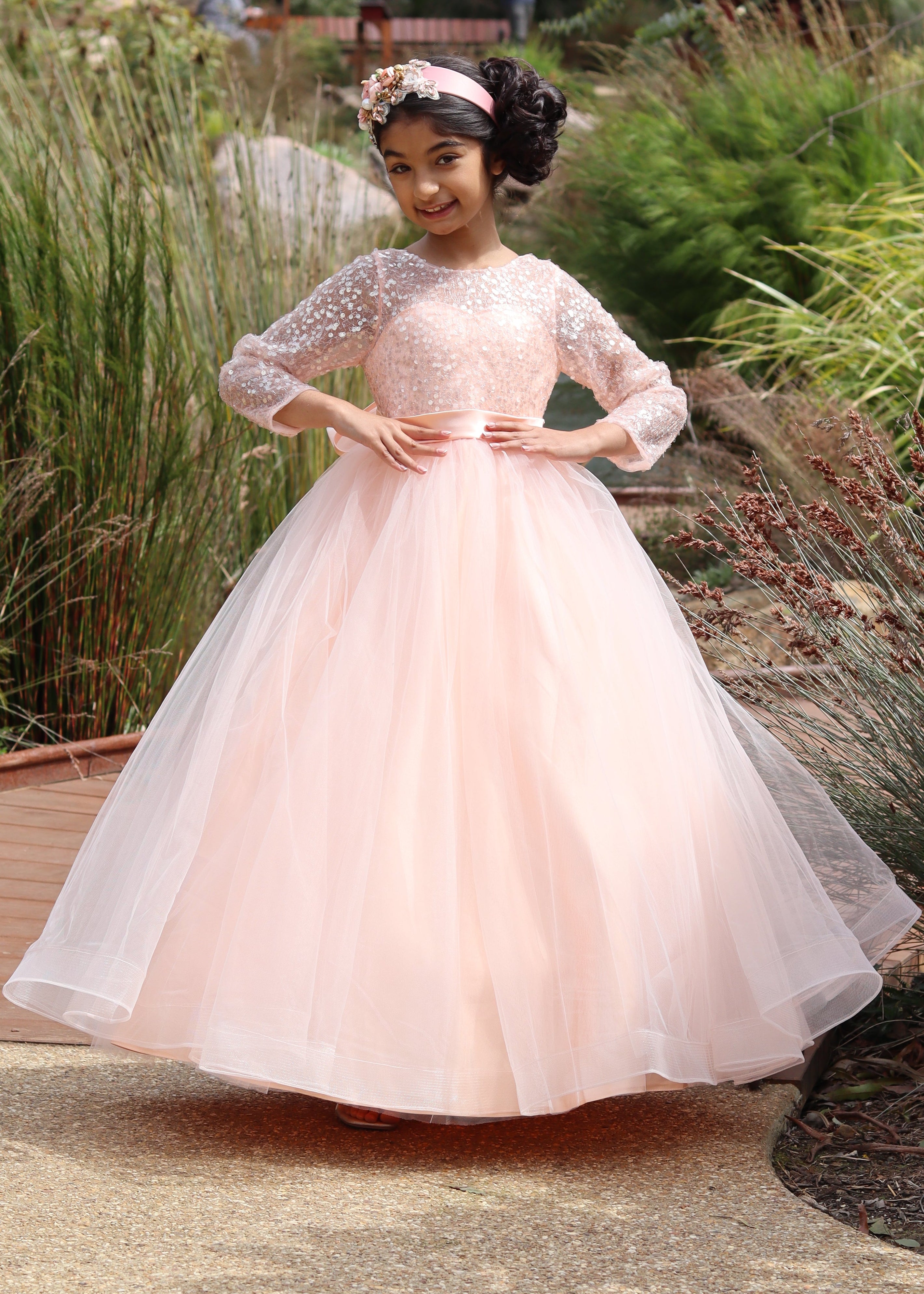 Girls Full Sleeve Flower Girl Dress - Peach Gown