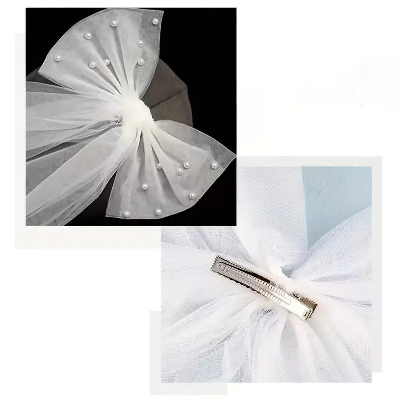 Girls Hair Bow With Pearls - Long Tail Bow
