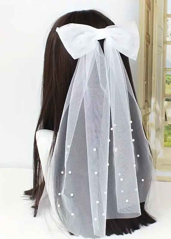 Girls Hair Bow With Pearls - Long Tail Bow